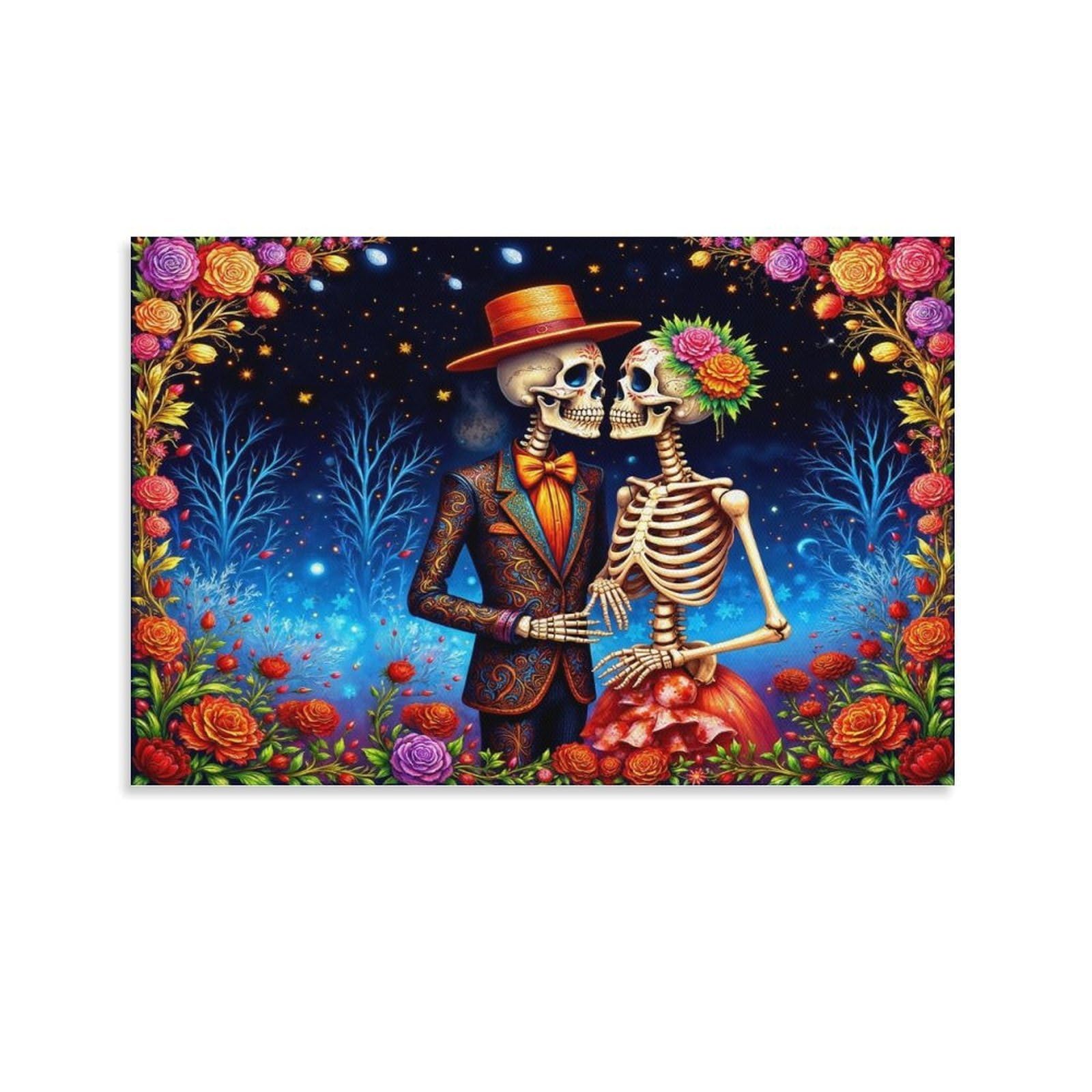 CPLVKWRQJ Skeleton Couple Romance Individual Wedding Skeletons Colorful Flower Wreath Night Canvas Artwork - Bedroom Canvas Painting Easy to Clean Space Transformer Decor 12x18inch(30x45cm)