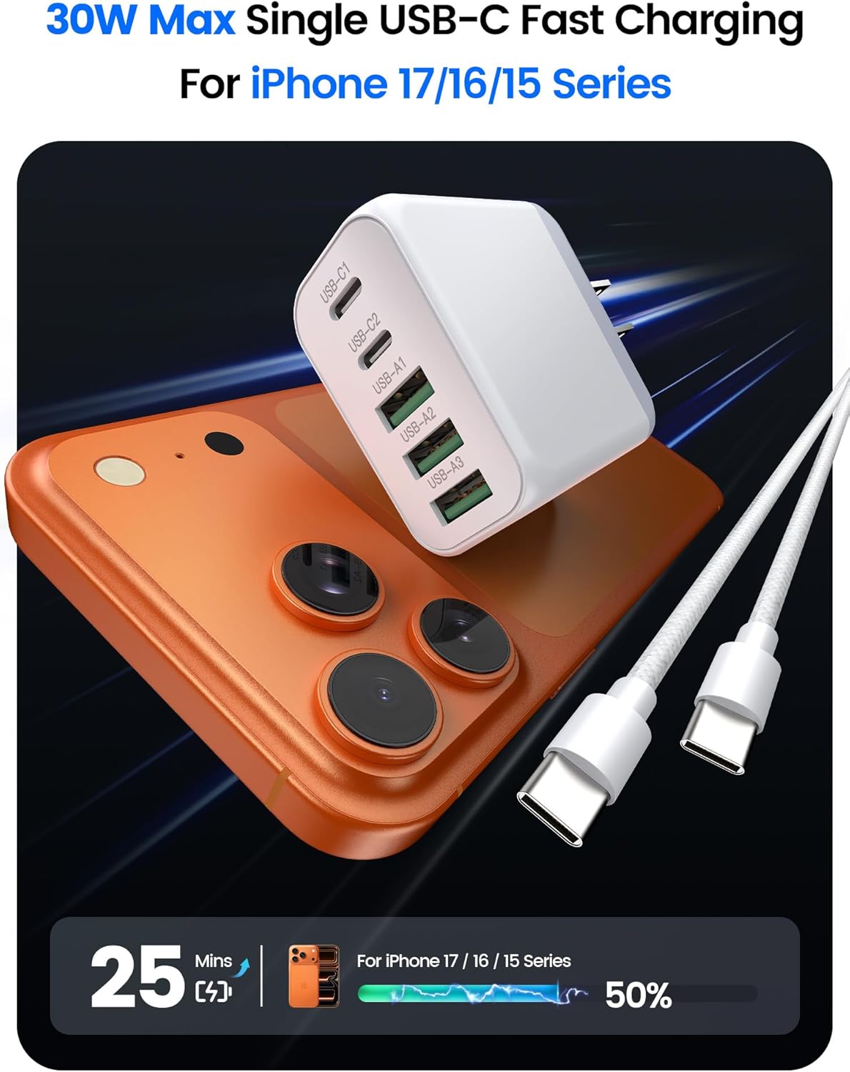 60W USB C Charger Block for iPhone 17 16 15,EIZLXQ 2-Pack USB C Wall Charger with Total 60W Max Output,10FT USB C Cable,Fast Charging Blocks for iPhone 17/16/15 Series,Galaxy,Pixel,iPad-Cream