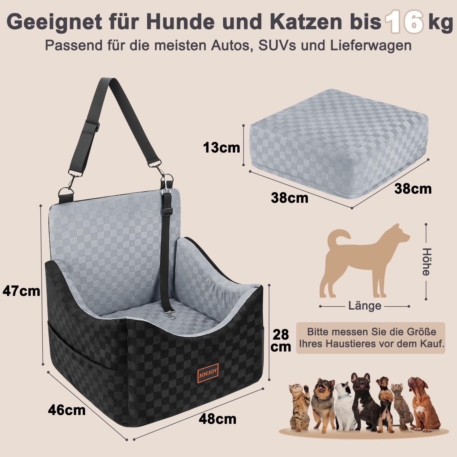 Asiento de coche para perro, extra estable para perros de tamaño pequeño a mediano, acolchado de espuma con memoria de forma, funda lavable, cojín de doble cara, para asiento trasero y asiento
