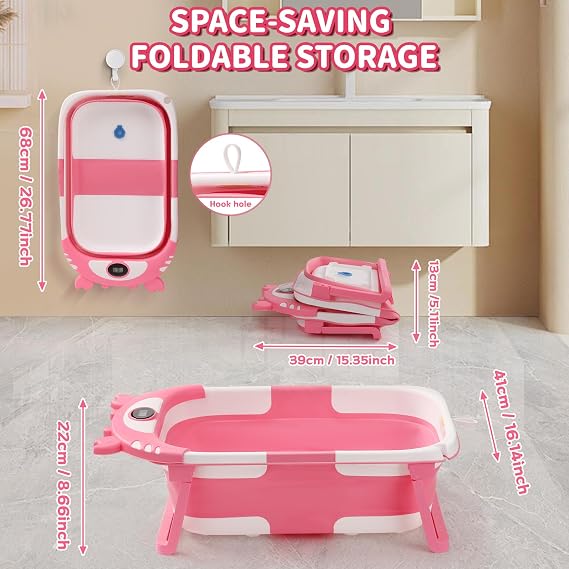 Baby Bathtub Collapsible with Thermometer & Cushion, Portable Travel Tub | Collapsible space-saving design with thermometer and soft cushion, suitable from 0-36 months for safe bathing anywhere.