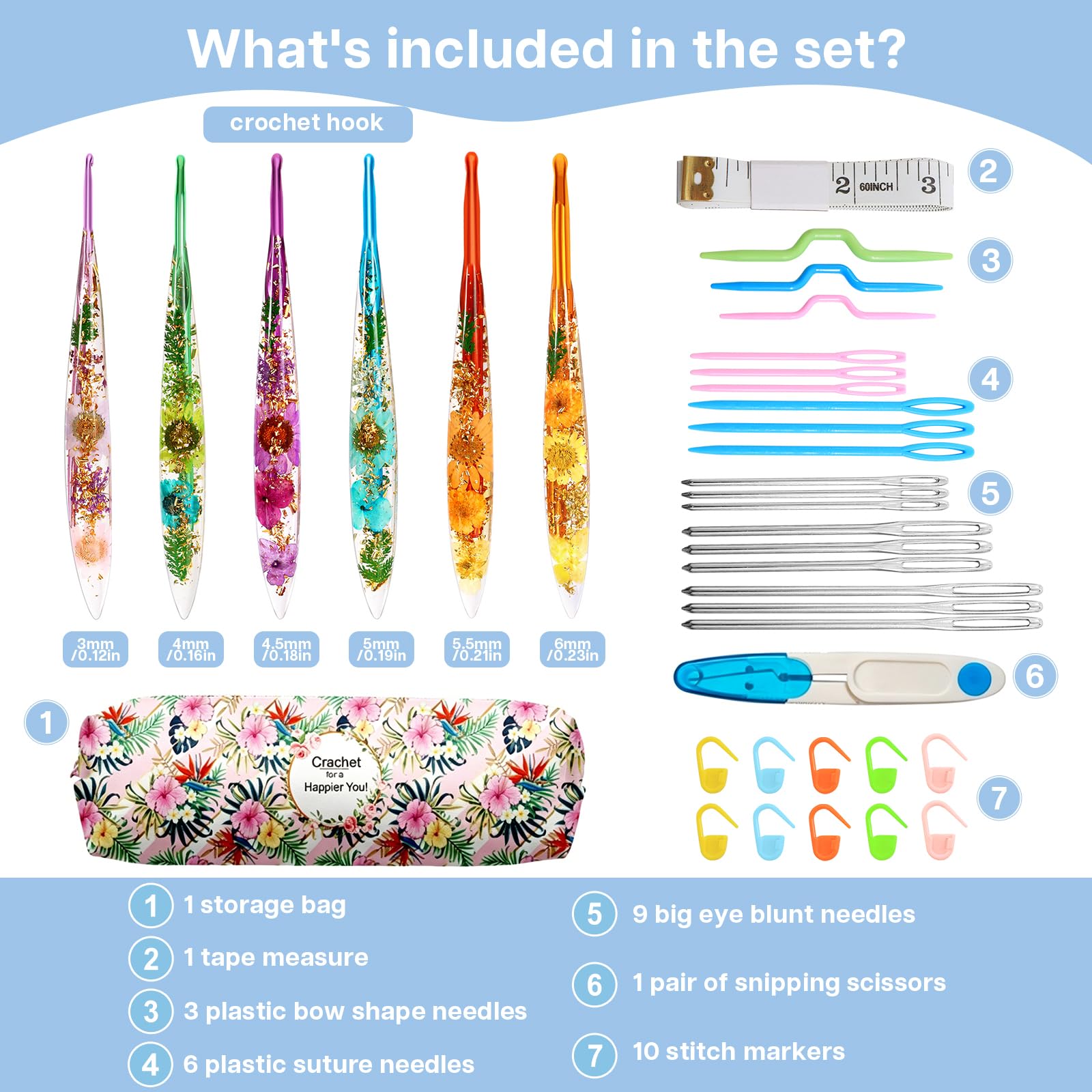 ZYNERY Set di 6 uncinetti in resina, ergonomici con impugnature in plastica floreale, dimensioni 3-6 mm (3/4/4,5/5/5,5/6 mm), include pennarelli e aghi per coperte, sciarpe, cappelli