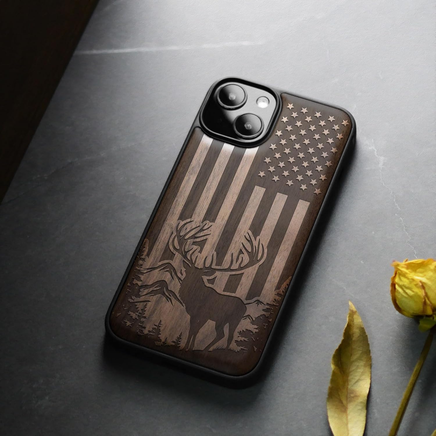 Carveit Magnetic Wooden Case for iPhone 15 Plus Case, Compatible with MagSafe Wireless Chargers, Black Soft TPU Shockproof Cover & Wood Artisan Engraved (Patriotic Elk Majesty) - Walnut