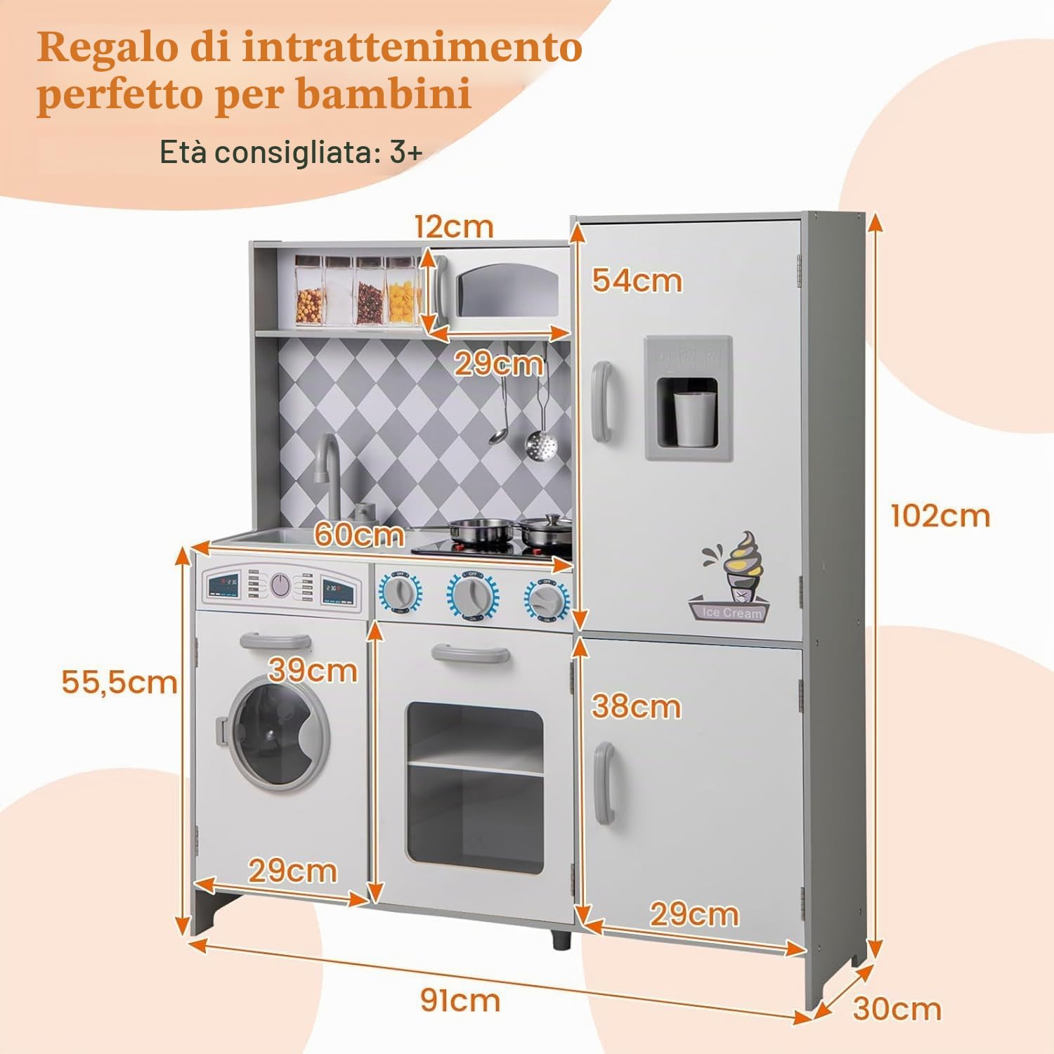 FANTASK Cucina per bambini in legno per bambini dai 3 anni in su, cucina in legno con luce e suono, cucina giochi con fornello, lavatrice, forno, microonde, accessori da cucina