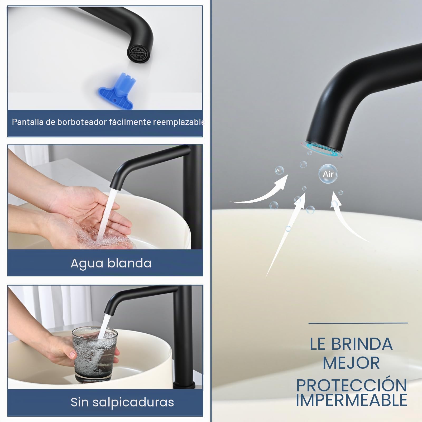 Grifo Lavabo Alto Negro Mate, DETBOM Grifo Monomando Lavabo Agua Fría y Caliente, Grifos para Lavabo de Encimera, Mezclador de Baño de Acero Inoxidable 304, Aireador Extraíble, Altura de Caño 204mm