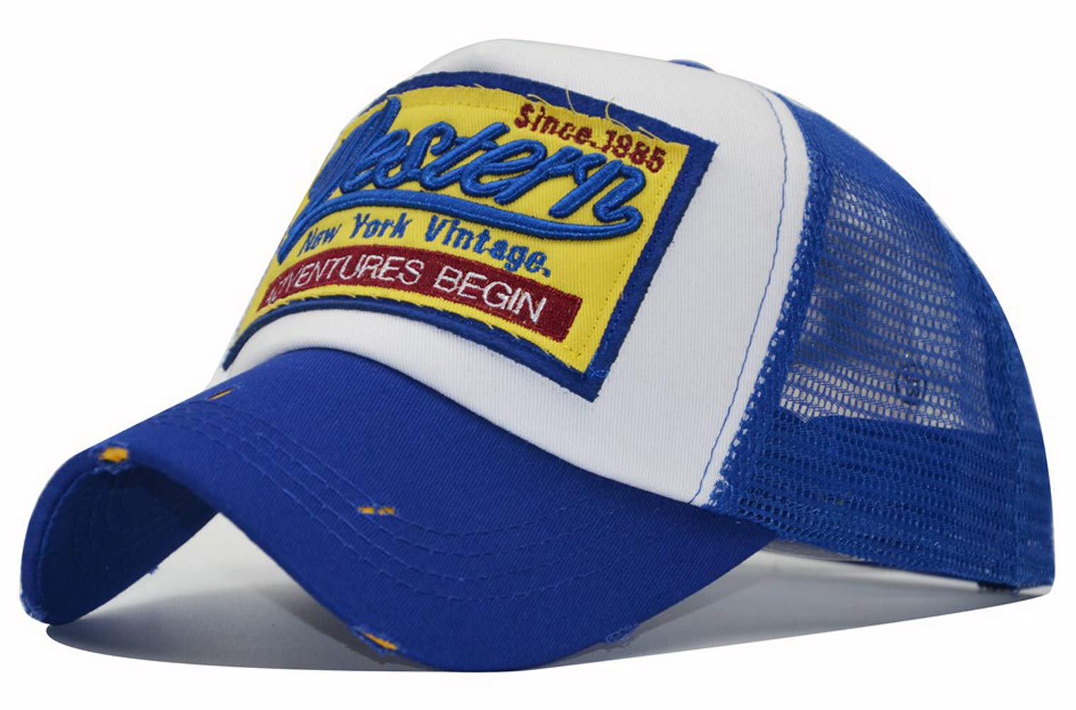 Anikigu Unisex Blue Baseball Mesh Cap Patch New York Vintage Cotton Snapback Big Distressed Trucker Hat Hip-Pop,