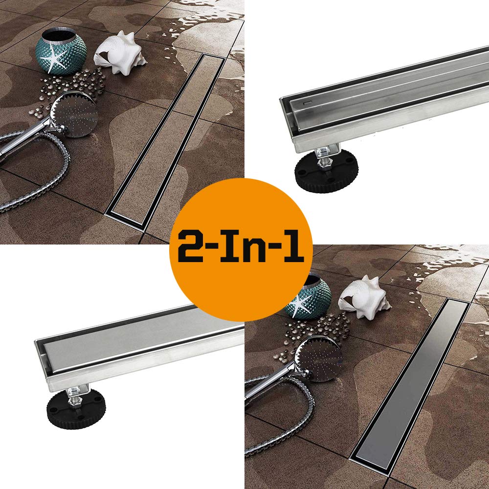 24" Linear Shower Drain with 2-in-1 Reversible Flat & Tile insert Grate, Brushed 304 Steel Long Shower Drain for Bathroom, Rectangle Floor Shower Drain with Adjustable Leveling Feet, Hair Strainer