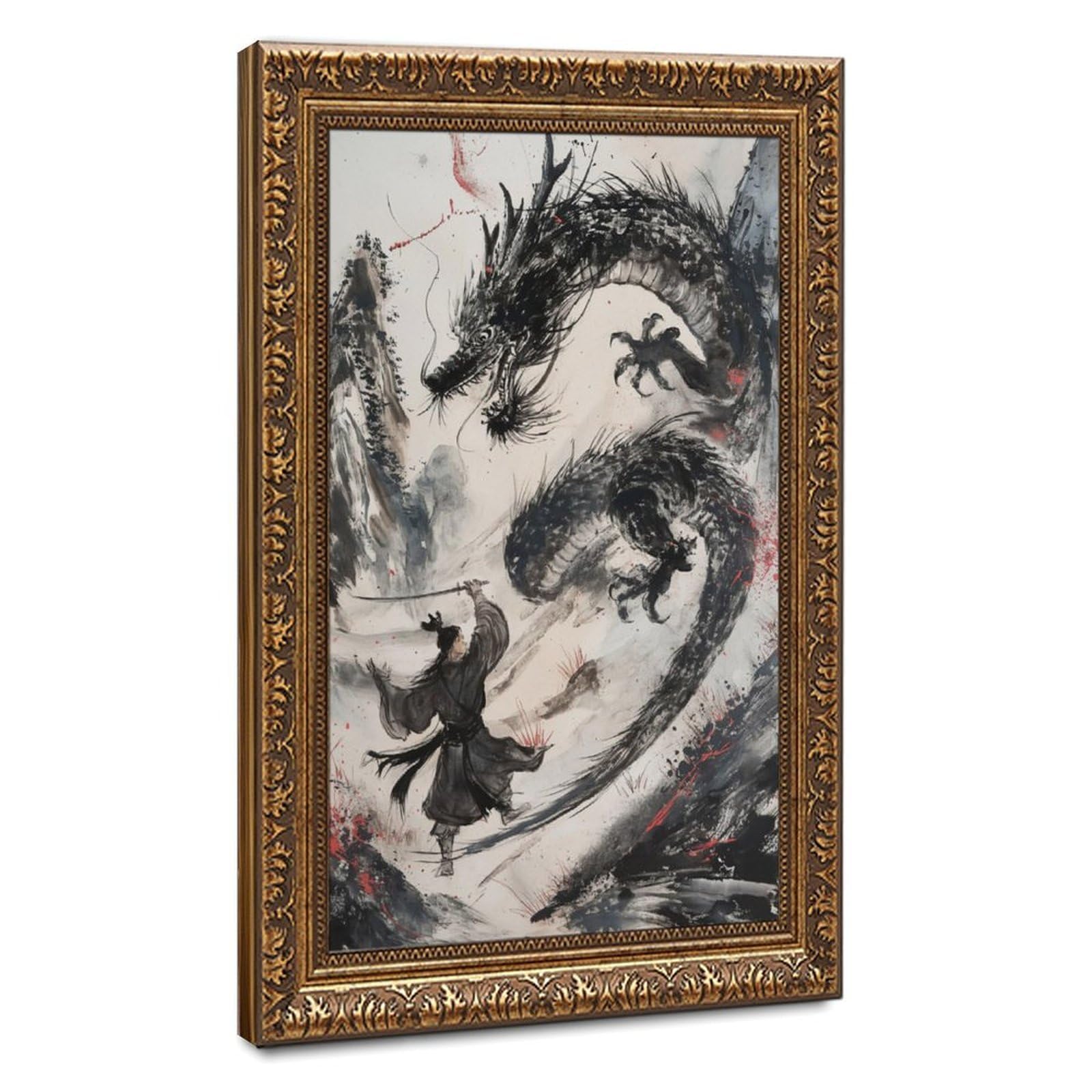 Bareronor Japanese Dragon And Samurai Canvas Poster Bedroom Decor Landscape Office Room Decor Gift 12" L X 18" W
