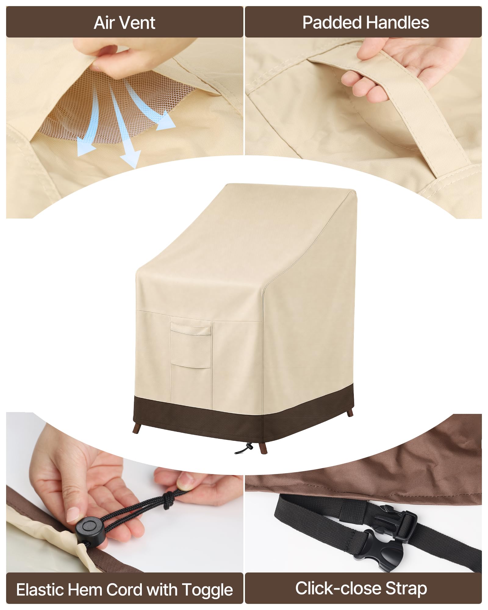 Vailge Coprisedia impilabile da patio, 100% impermeabile, resistente, per mobili da giardino, adatto per 4-6 sedie da pranzo impilabili, confezione da 2 pezzi, 91 x 71 x 119 cm, beige e marrone