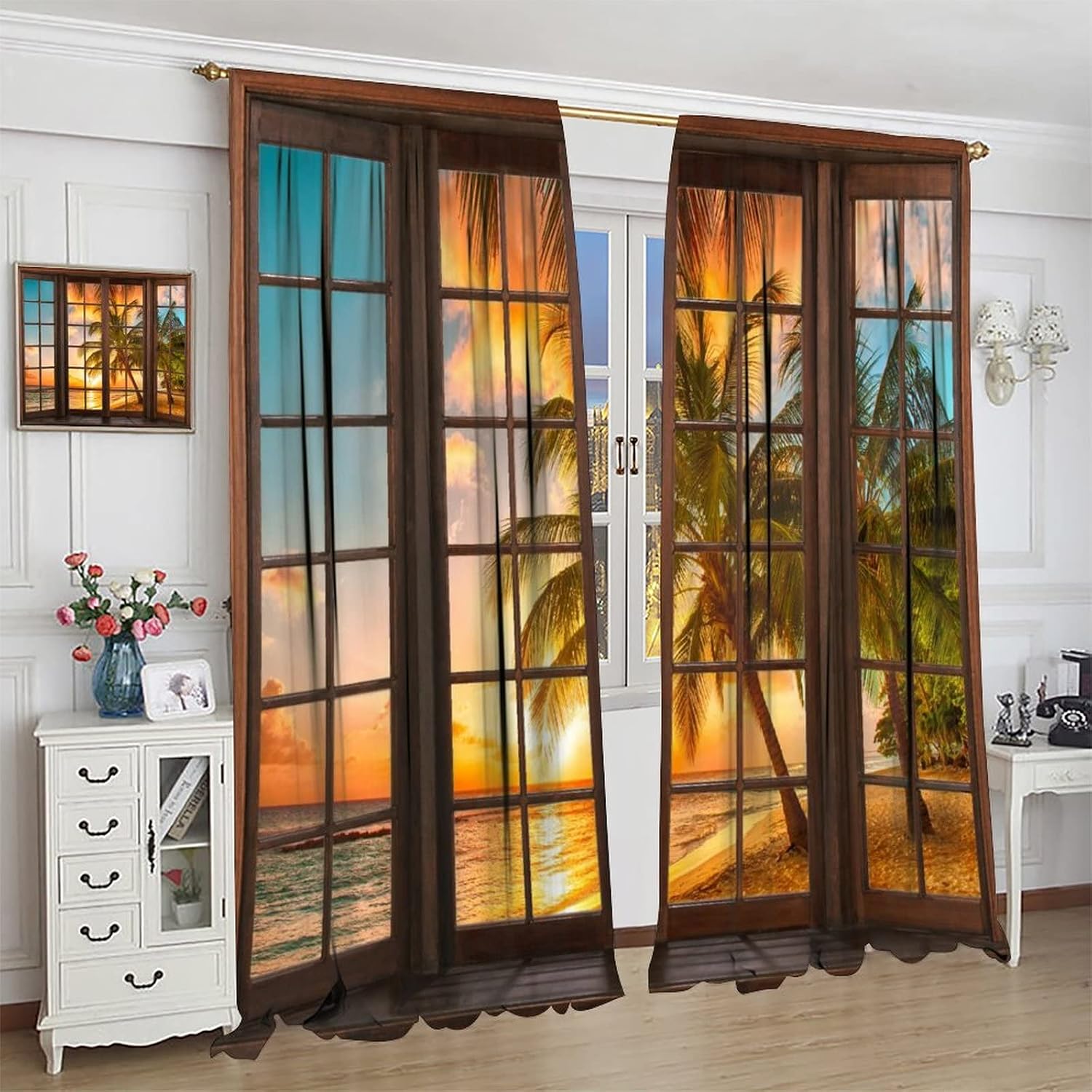 Landscape Curtains,Beach Sea Coconut Trees Natural Landscape Rustic Window Curtains Bedroom Living Room Kitchen Cafe 63x72in
