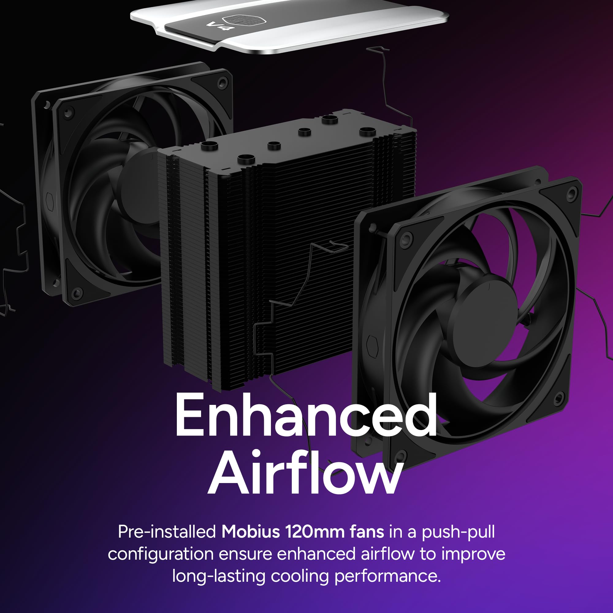 Cooler Master Enfriador de aire para CPU V4 Alpha 3DHP negro, tecnología Alpha 3DHP Heat Tube, ventiladores duales Mobius 120 PWM, funcionamiento silencioso, fácil instalación, AMD Ryzen 9 AM5|4