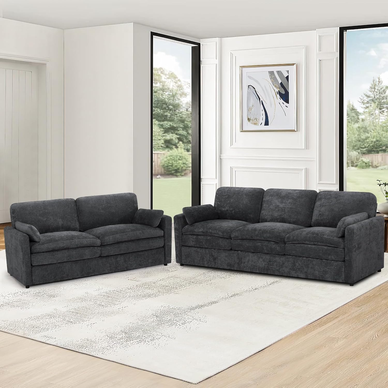 2 Pieces Chenille Sofa Set with Soft Pillows, Comfy 3-Seat and Loveseat Couch with Thickened Cushions, Modern Upholstered Sofa Set with Deeper Seats for Living Room, Apartment, Dark Grey