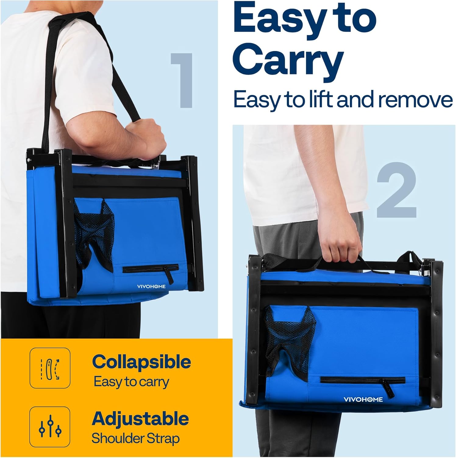 VIVOHOME 2 Pack Stadium Seats with Back Support and Cushion, Portable Bleacher Chair with Cup Holder and Shoulder Strap Blue