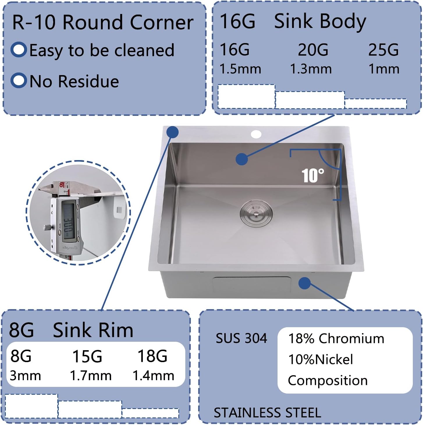 25 x 22 inch drop in kitchen sink, topmount stainless steel brushed nickel single bowl kitchen sink, extra-thick 16 gauge for rv laundry utility with dish grid and basket strainer 25''x22''x9'' brushed nickel
