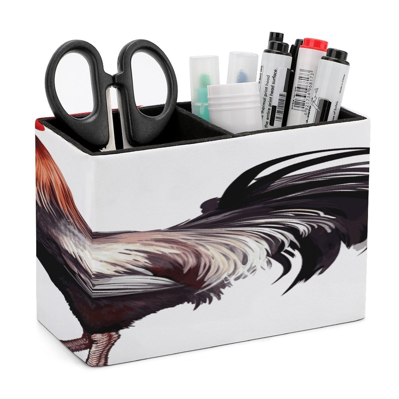 LDGSUPH Rooster Leather Pen Holder for Desk Organizer Caddy Large Pencil Cup Multi-function Pencil Holder Makeup Brush Holders Pen Organizer for Home Office Storage Box