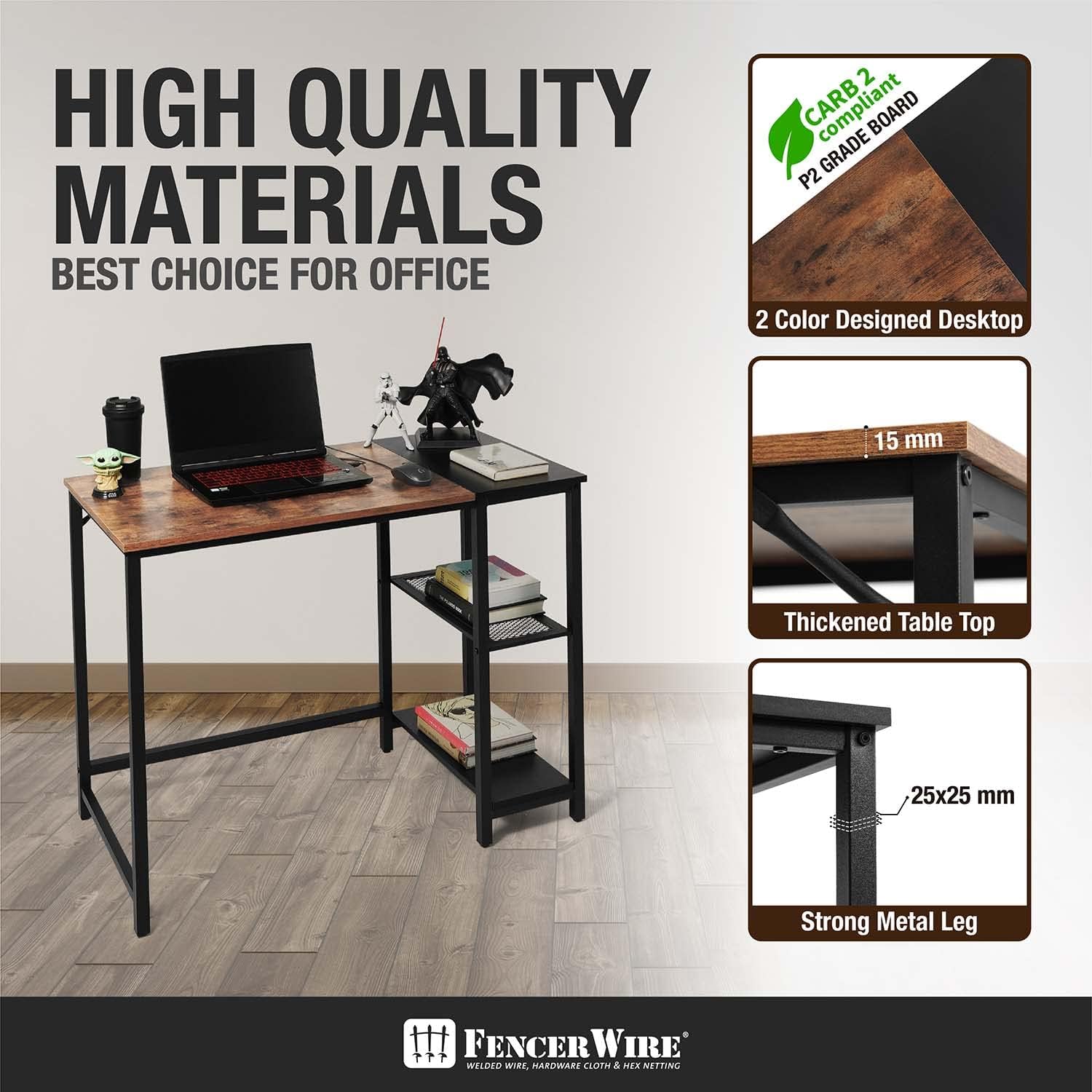 Fencer Wire 40 Inch Home Office Computer Desk with 2-Tier Storage Shelves, Study Writing Desk, Simple Industrial Modern PC Workstation with Splice Board, Rustic Oak, Wooden Table and Metal Frame