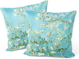 Berkin Arts Decorative Square Throw Pillow Covers Farmhouse Cushion Cases Designed of Art Flower Floral,Polyester Blend. Pack of 2, 18x18 Inch. Teal for Bedroom (Almond Blossom by Vincent Van Gogh)