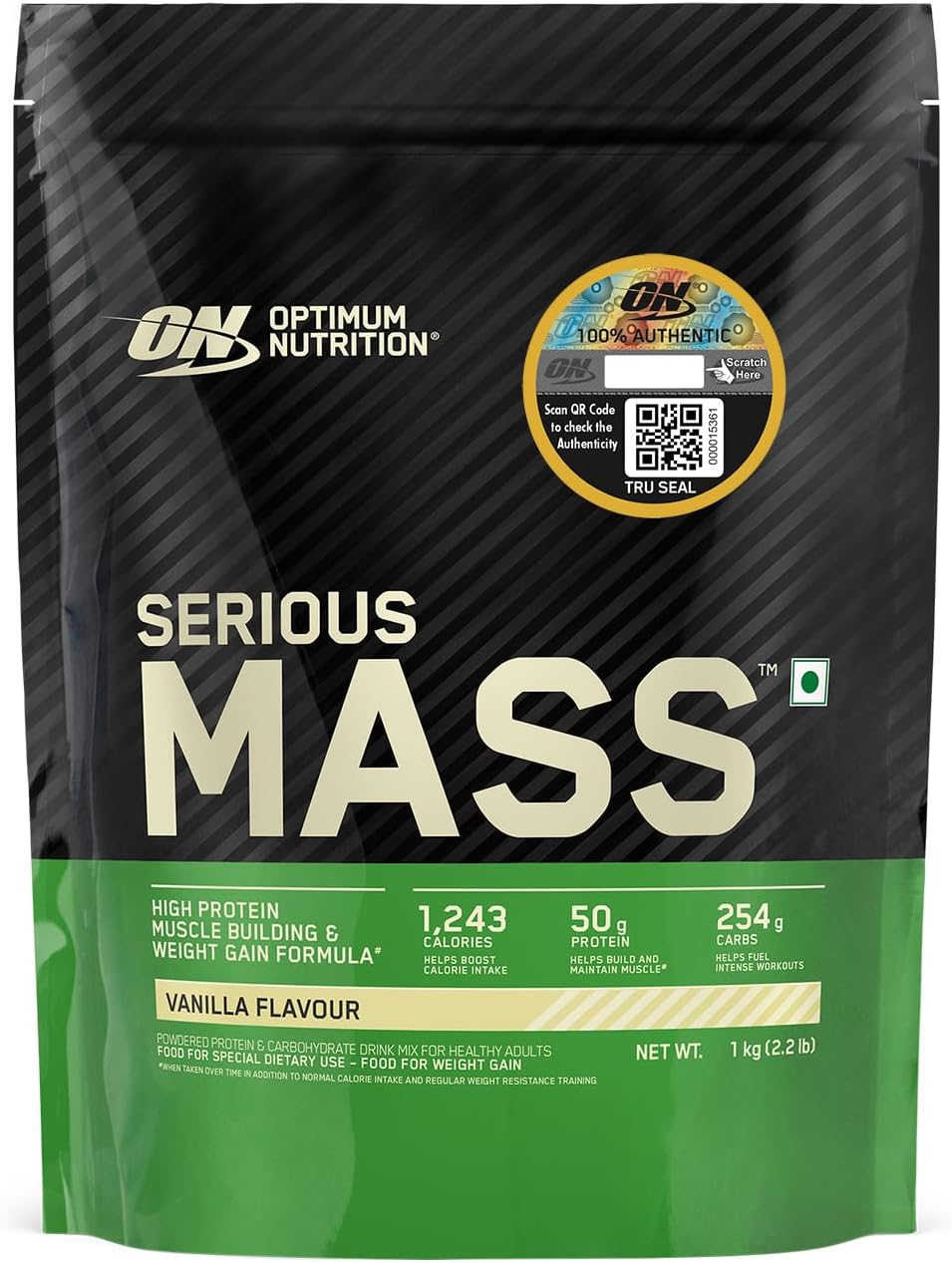 (ON) Serious Mass High Protein High Calorie Weight Gainer Powder - 1 kg (Vanilla) with Vitamins and Minerals, Vegetarian