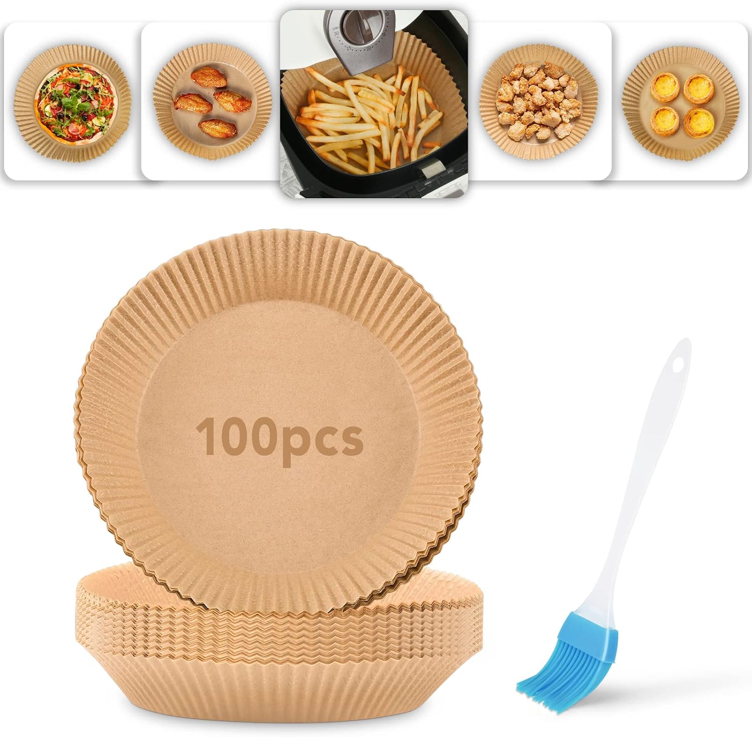 Air Fryer Disposable Paper Liner, 100 PCS Non-stick Disposable Air Fryer Liners, A Silicone Brush, Oil-proof, Water-proof Baking Paper, Food Grade Parchment for Baking Roasting Microwave
