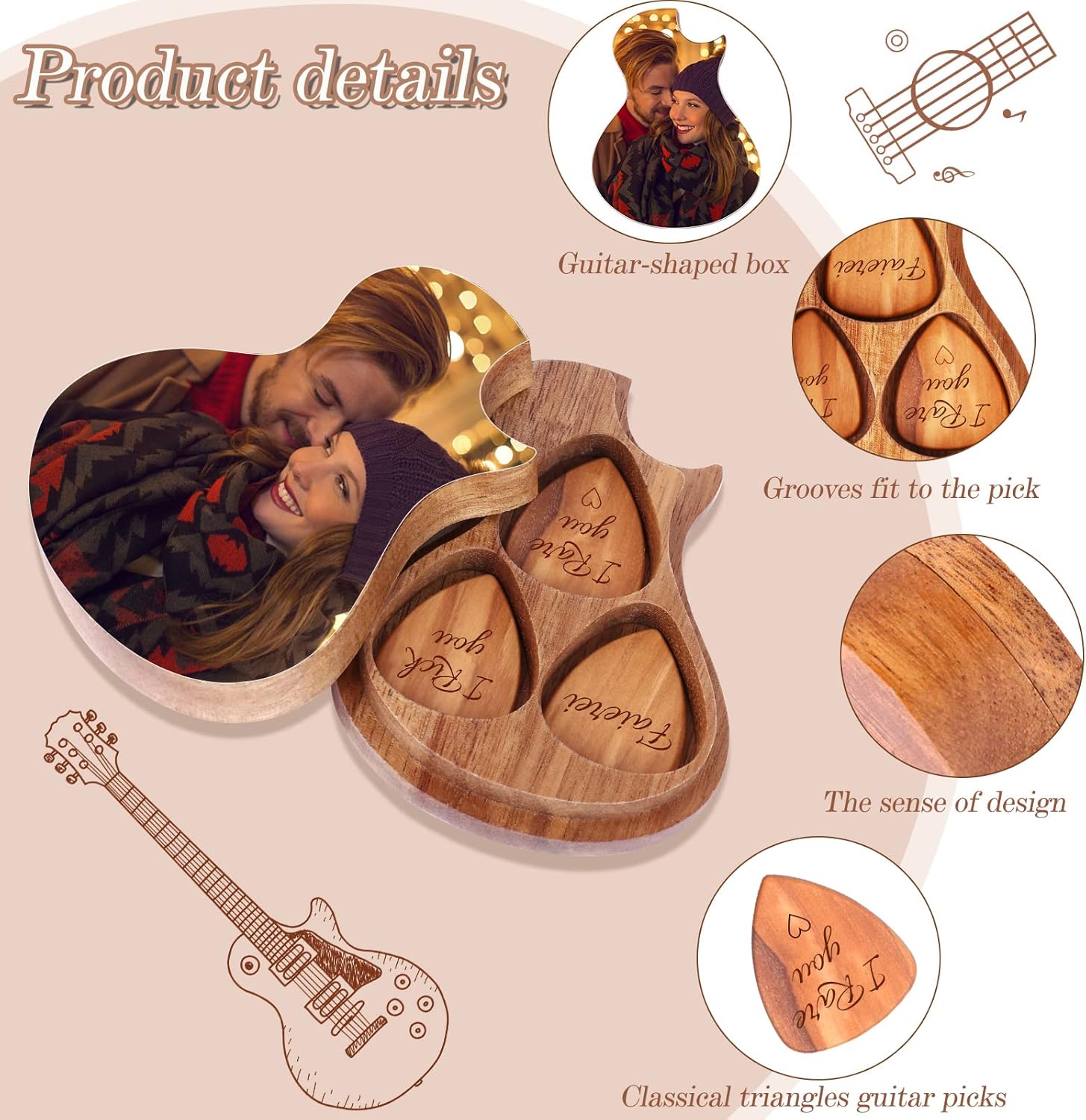 OXYEFEI Personalized Guitar Pick Box, Custom Picture Guitar-Shaped Guitar Pick Box with 3 Acoustic Guitar Picks, A Gift for Guitar Lovers and Guitarists (woodcolor)
