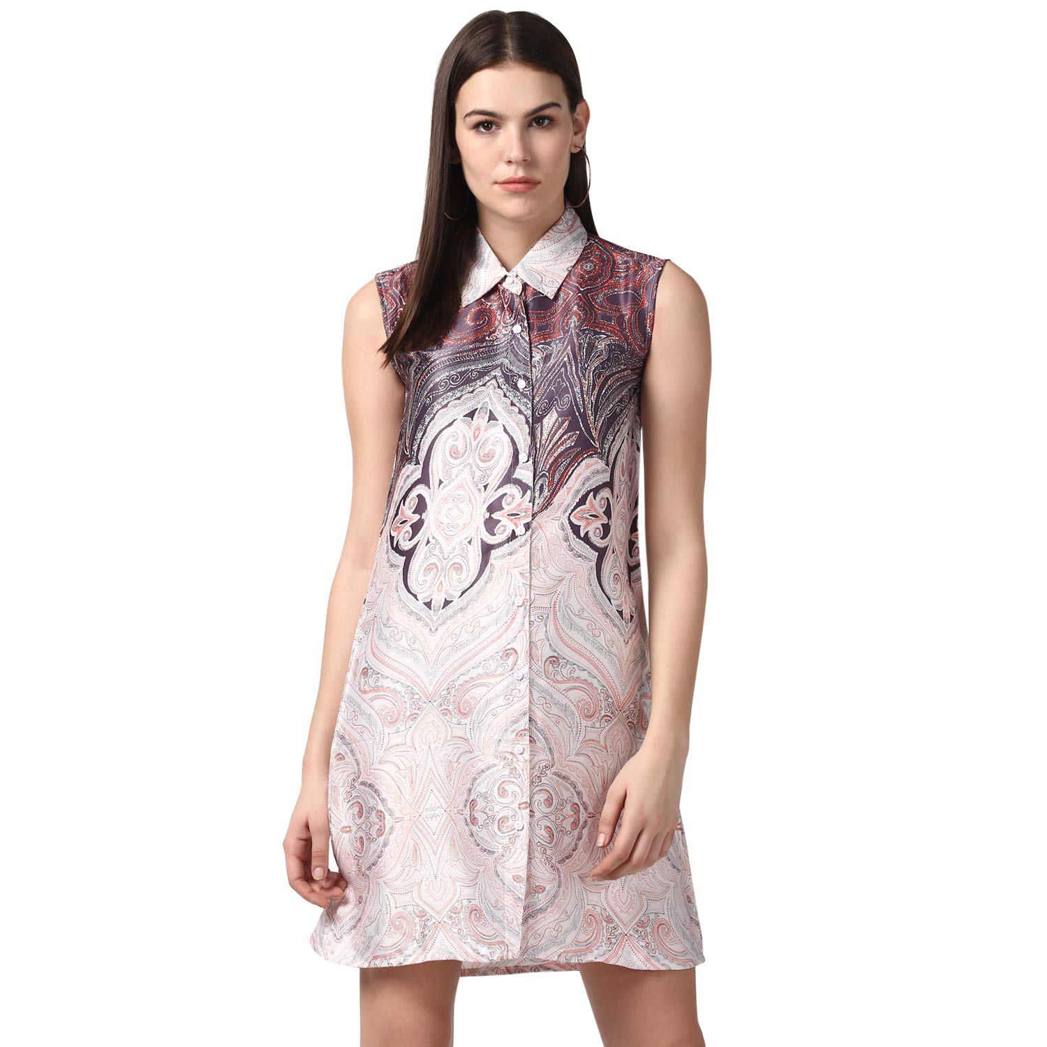 StyleStoneWomen's Satin Printed Dress with Front Buttons (3682OrngAnaDrs)