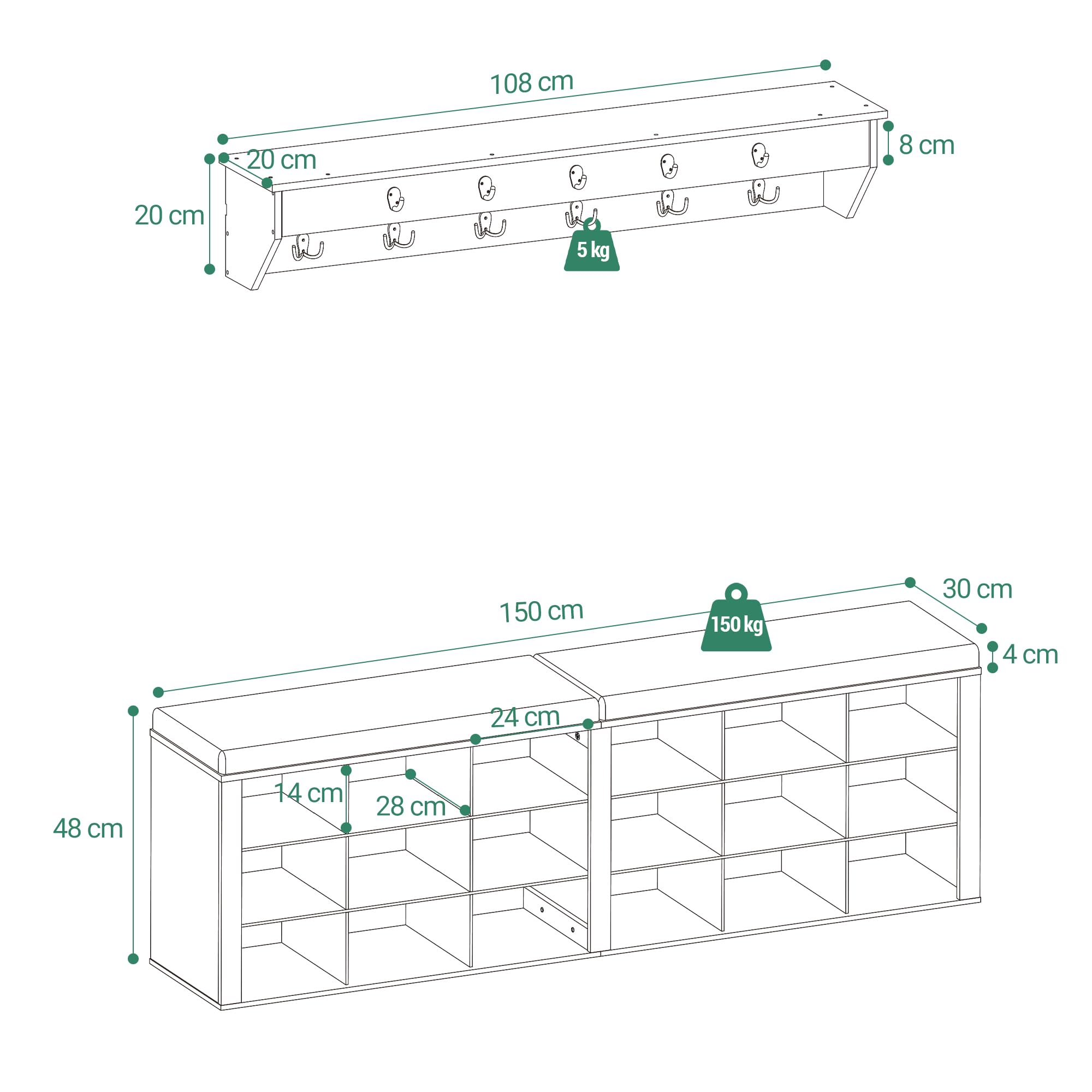 Hzuaneri Banc à Chaussures, Banc de Rangement, 18 Compartiments, Blanc-Gris