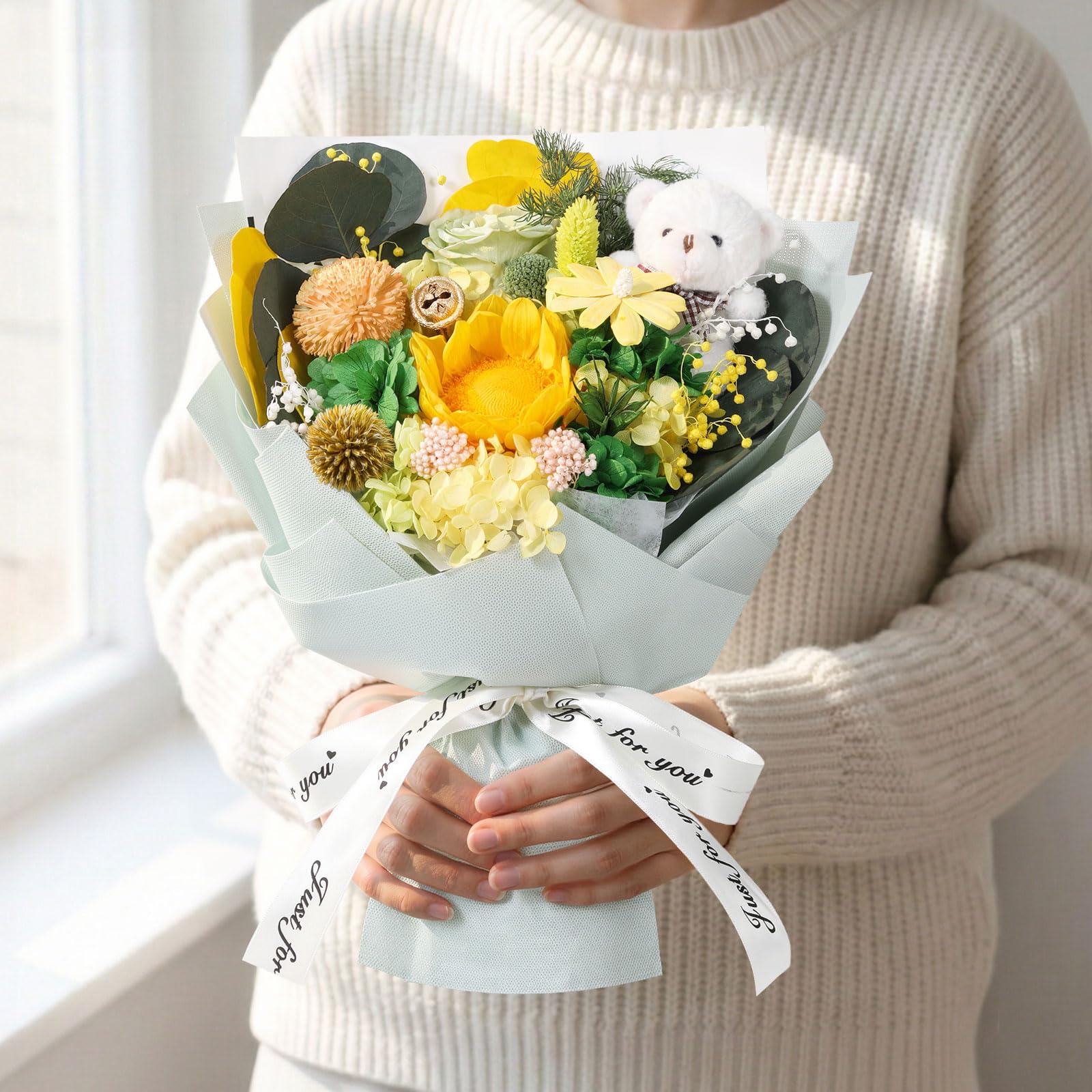 Emibele Bouquet Girasoli Conservati, Fiori per Consegna Prime, Bouquet Fiori Eterni, Compleanno Anniversario San Valentino Festa Mamma Laurea Regali Fiori per Lei Donne Moglie Madre Amiche