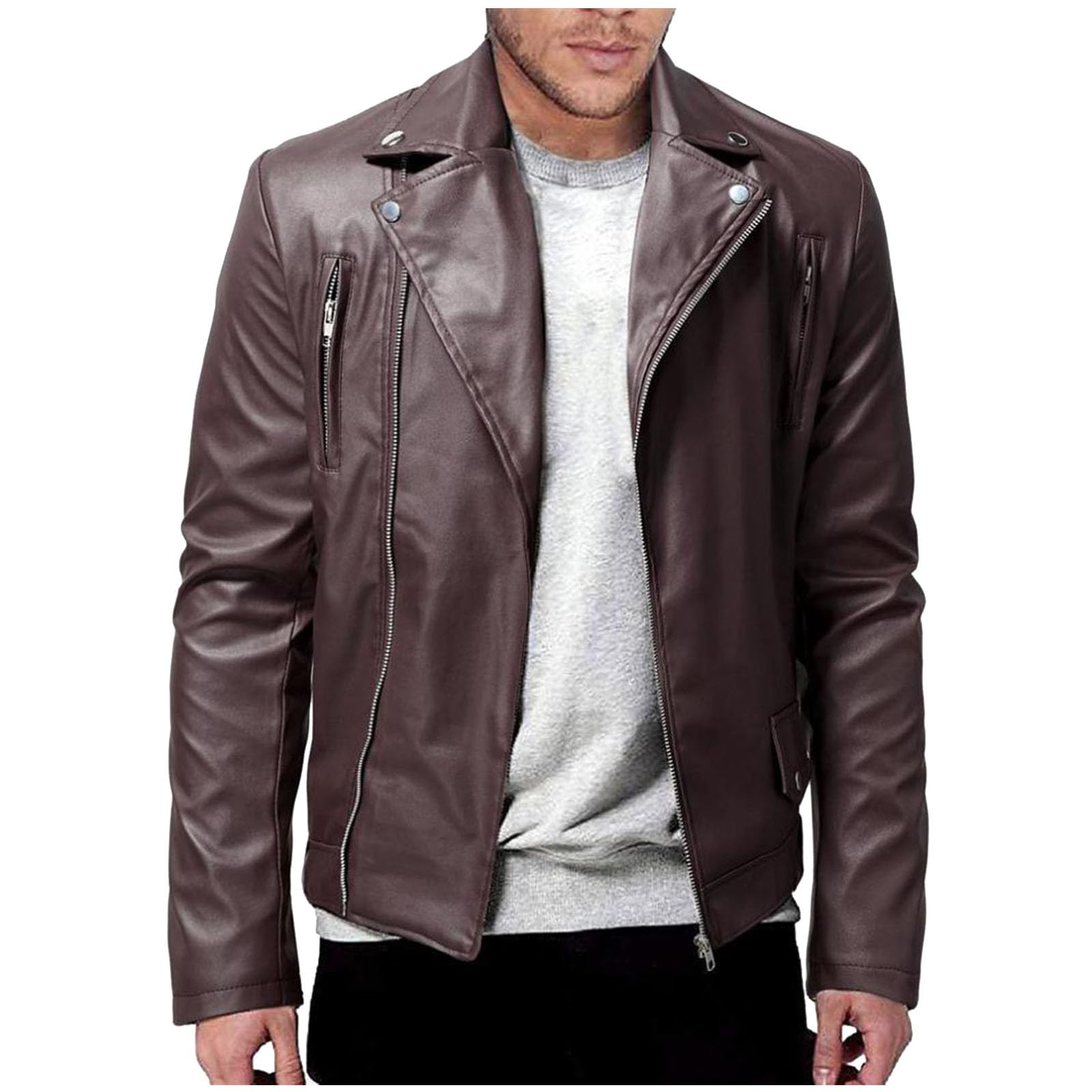 Chaqueta Moto Hombre,Chaqueta de Cuero Manga Larga de Cuello Solapa Clásico Estilo Motero Cazadora de Piel Sintética con Cremallera Color Sólido Chaquetas de Motorista Moda Slim Fit Leather Jacket