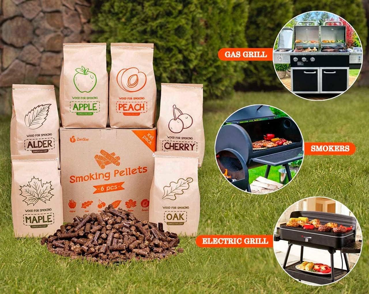Zorestar Smoker Pellets Variety Pack - 100% All-Natural Wood Smoking Pellet - Set of 6 Packs - Oak, Maple, Apple, Peach, Alder, Cherry Wood pellets : Patio, Lawn & Garden