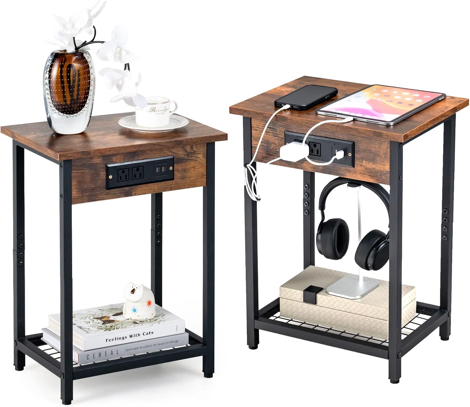 Rustic Brown Industrial End Tables with Charging Station, Set of 2