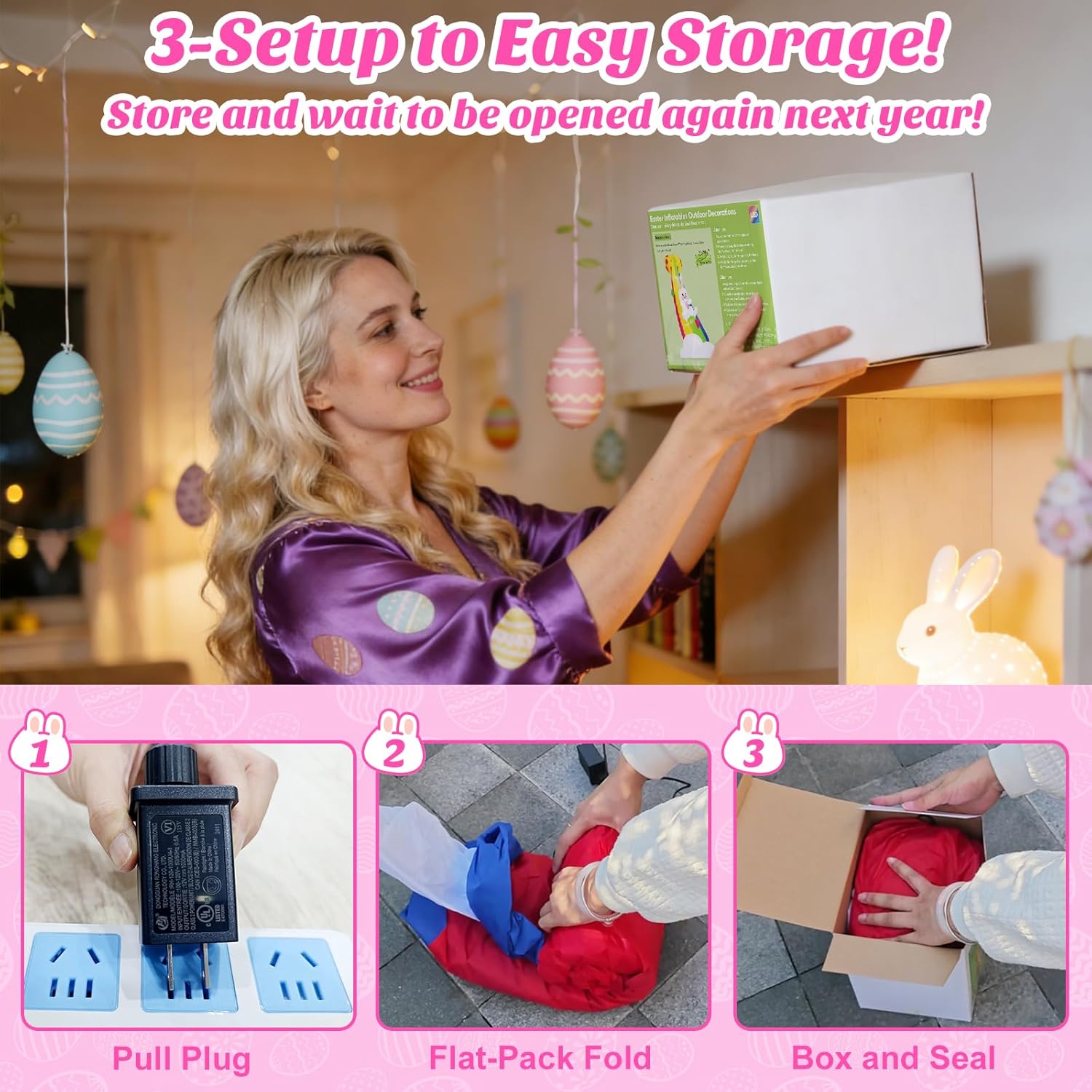 MICOCAH 8 FT Long Easter Inflatables Outdoor Decorations, Inflatable Painting Bunny with Colorful Eggs/Chick/Carrot Build-in LEDs Lights Blow Up Yard Decoration for Decor Holiday Party Lawn, Garden