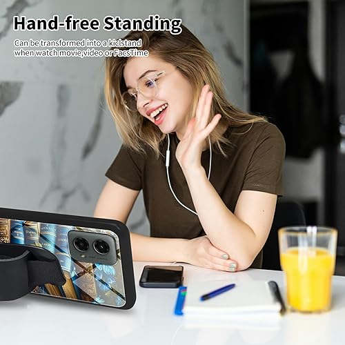 Miniatura 3 de Funda azul para Moto G Play 4G 2024 de 6.5 pulgadas con soportecorrea, parte trasera de vidrio templado y cuatro esquinas de absorción de golpes,