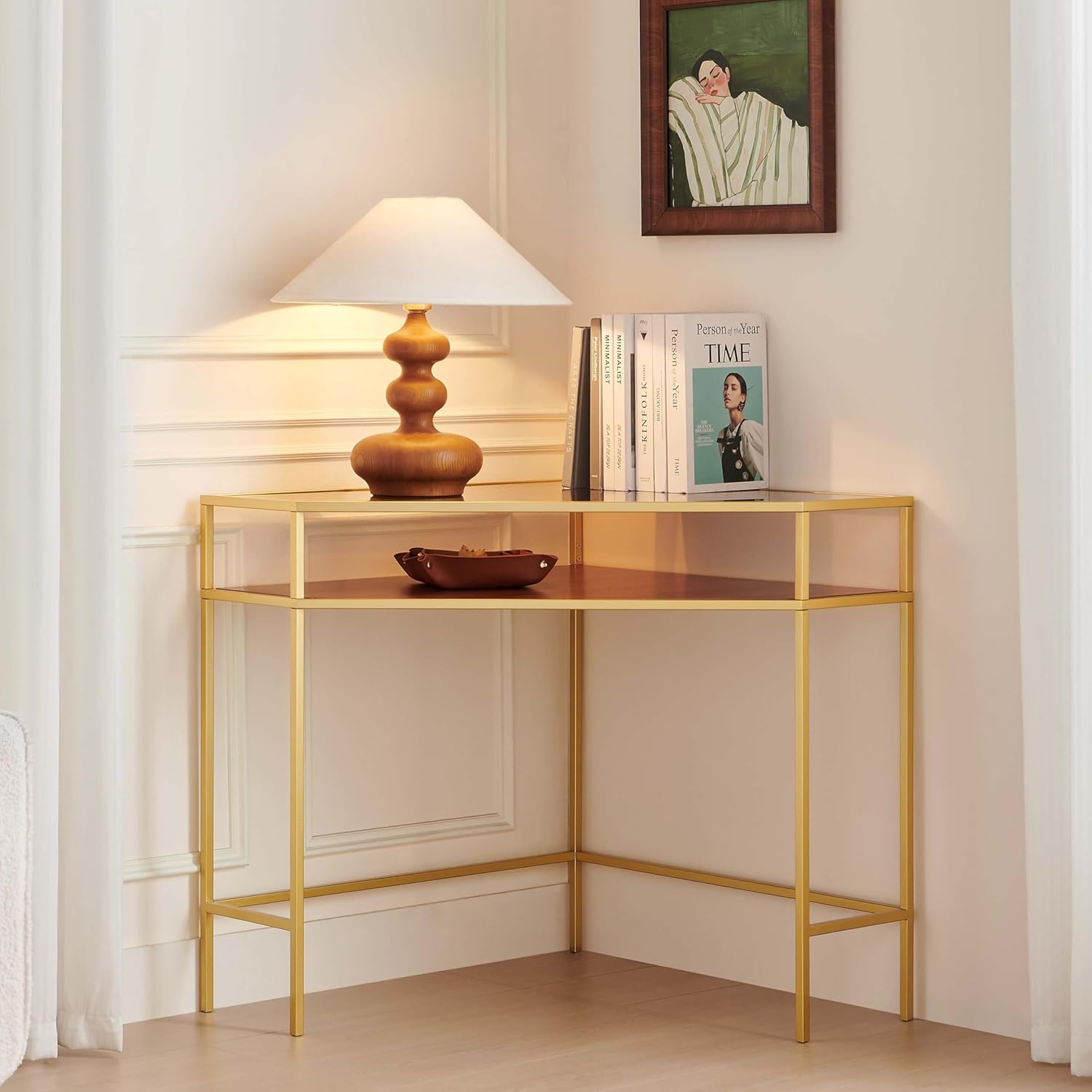 Corner Table for Small Space, Triangle Computer Desk for Living Room, Bedroom, Workstation, Office, 2-Tier Structure, Amber Glass Top and Walnut Shelf with Gold Finish Frame