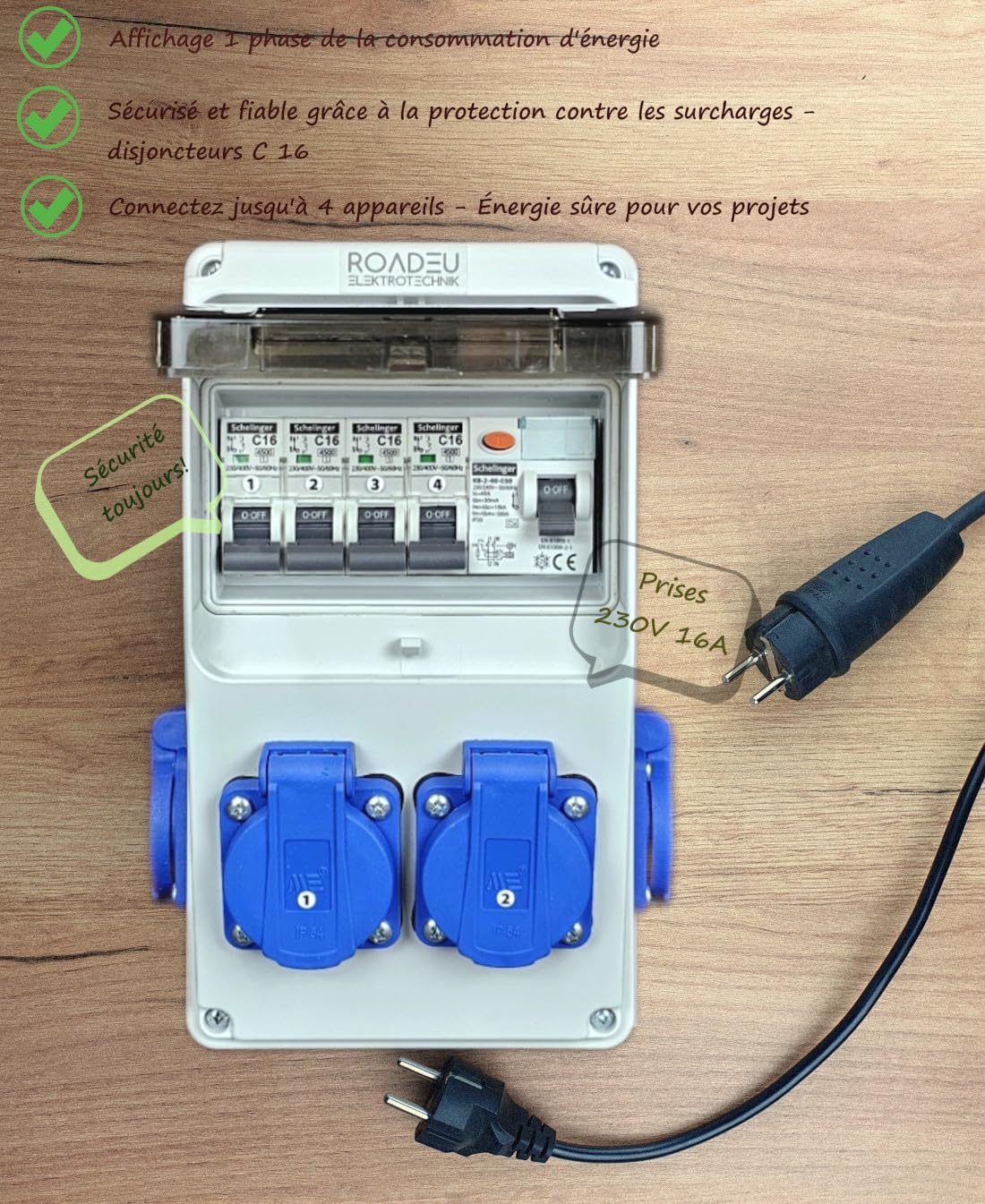 RoadEu Répartiteur de Courant 230V 4 Prises Tableau Électrique avec Disjoncteur Différentiel 30mA Coffret Électrique 4 Disjoncteurs 16A