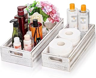 2 Pack Bathroom Decor Box, 16" 15" Wooden Toilet Paper Holder, White Toilet Storage Basket, Toilet Tissue Tray with Handles for Home Decor, Tank Topper, Bathroom Kitchen Counter