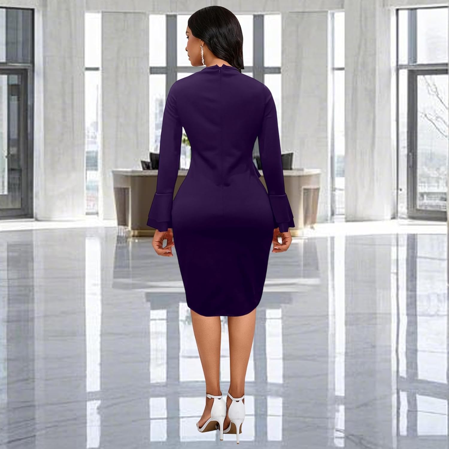 Church Dresses for Women Long Sleeve Bodycon Ruffle Vintage Wear to Work Pencil Midi Dress - Image 3