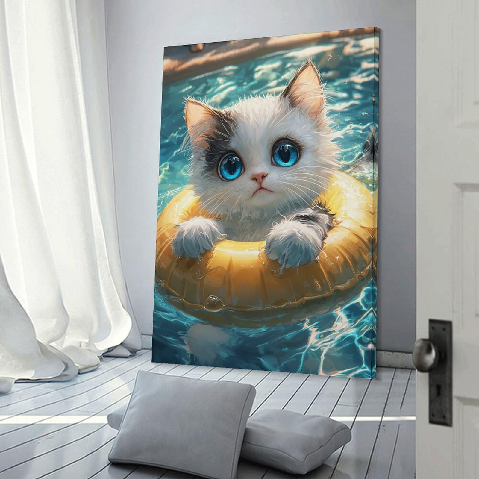 Junmoney Frame-Style-11 Home Decor Wall Art Cute Kitten In Pool Float, 16X24inch(40X60cm), For Bedroom Decor, Cosy Corners Or Studios, Decorative Wall Art For Cosy Rooms