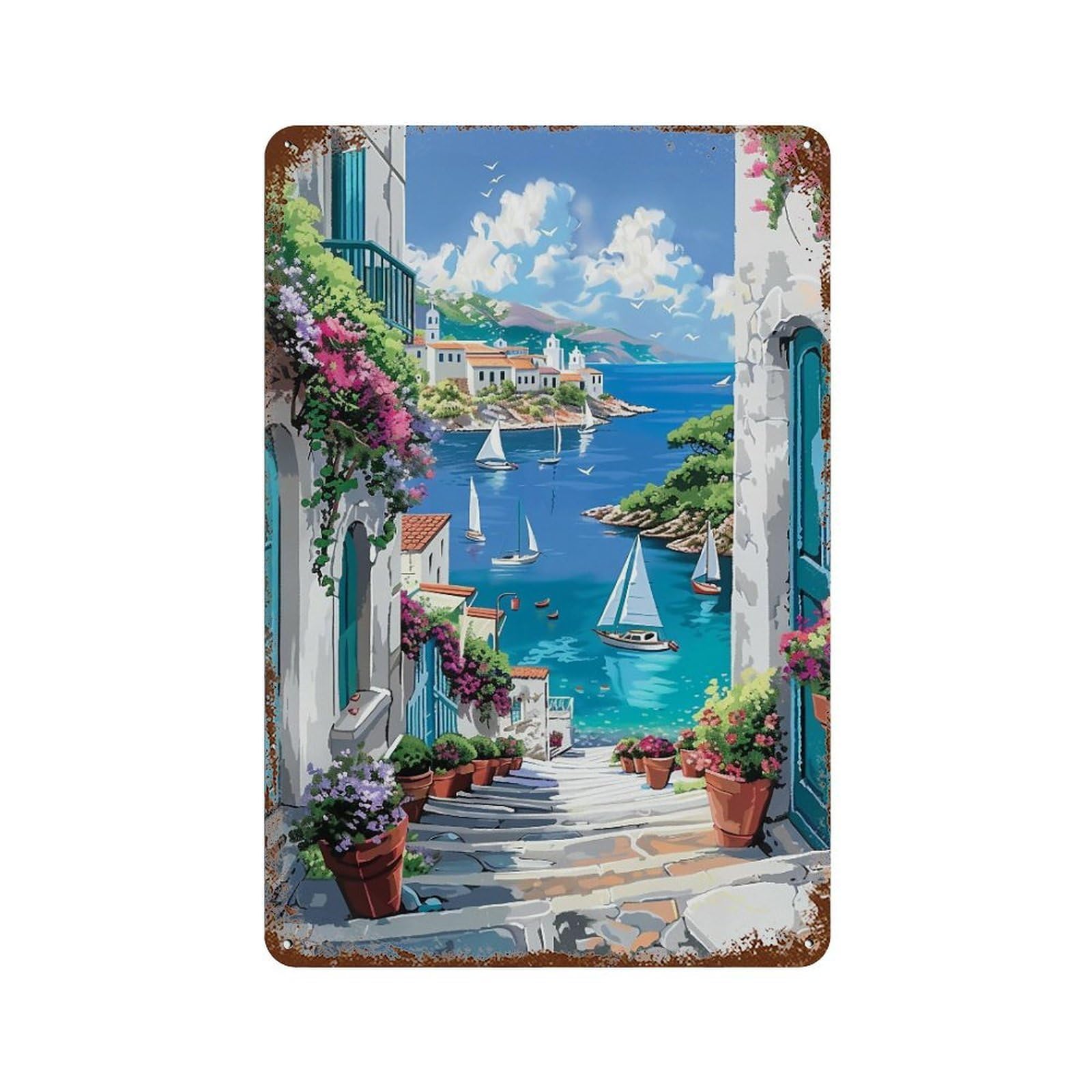 HDURYEYRYY Greek Pink Cottage Bougainvillea Bay 01 Wall Retro Iron Vintage Art Metal Tin Sign Poster Modern Home Cofffee Club Art Bar Shop Decor Style 30x20cm