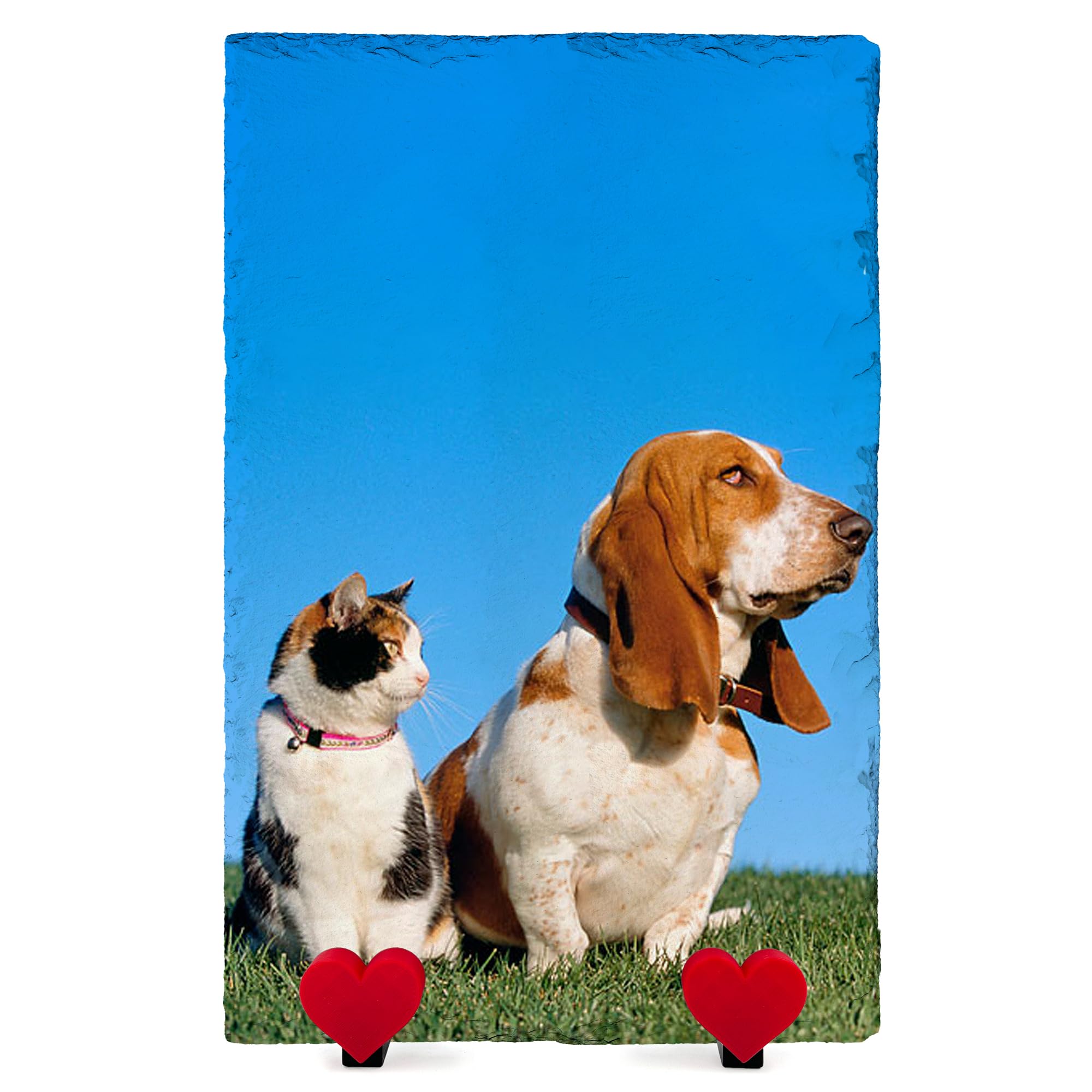 TULLUN Personalised Memorial Plaque For Pet Cat Dog Slate Natural Stone Frame Paw Grave Marker with Heart Display Stands - Full Print - Rectangle Vertical | 7.8" x 11.8" or 20 x 30 cm |