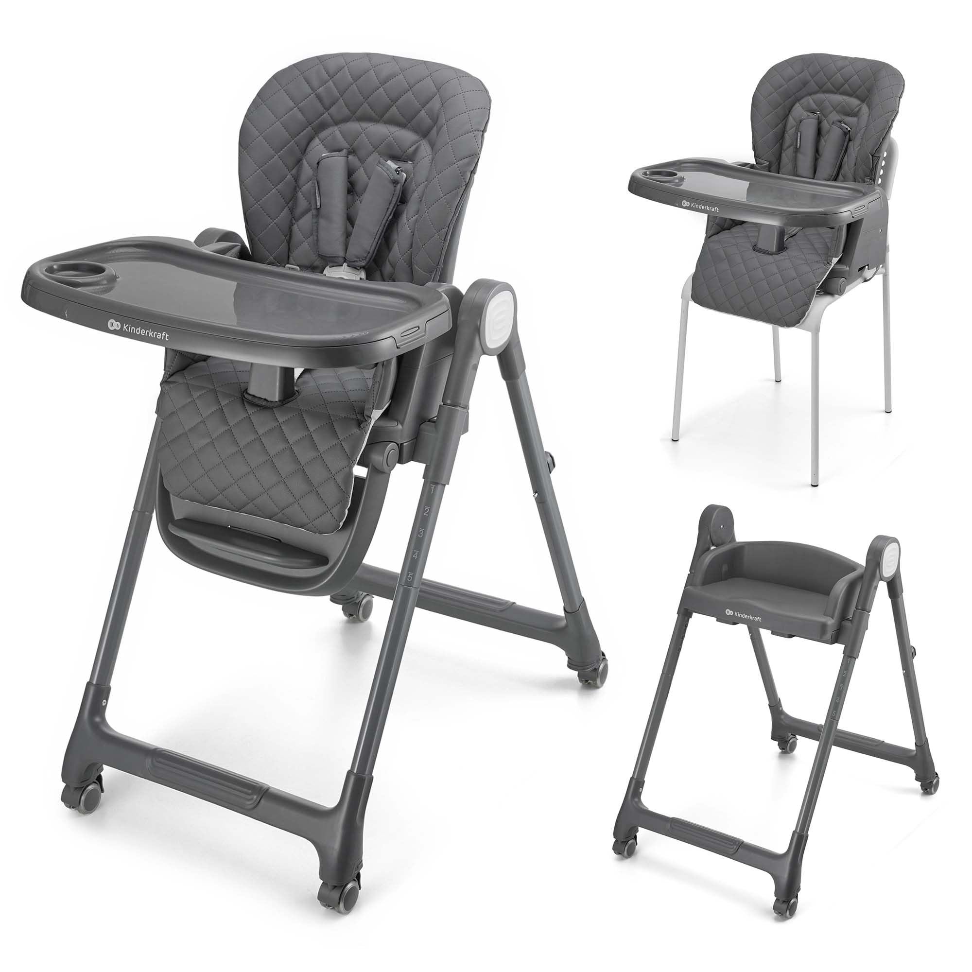 Kinderkraft TULO Chaise haute pour bébé, Ergonomique, Confortable, Pliable, Avec Repose-Pieds Réglable en Hauteur, Double Plateau Amovible Pour les Tout-Petits de 6 mois à 5 ans, Gris