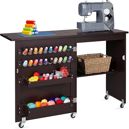 Best Choice Products Folding Sewing Table Multipurpose Craft Station & Side Desk with Compact Design, Wheels, Shelves, Storage Trays, Pegs, Magnetic Doors, Metal Doorknobs - Espresso
