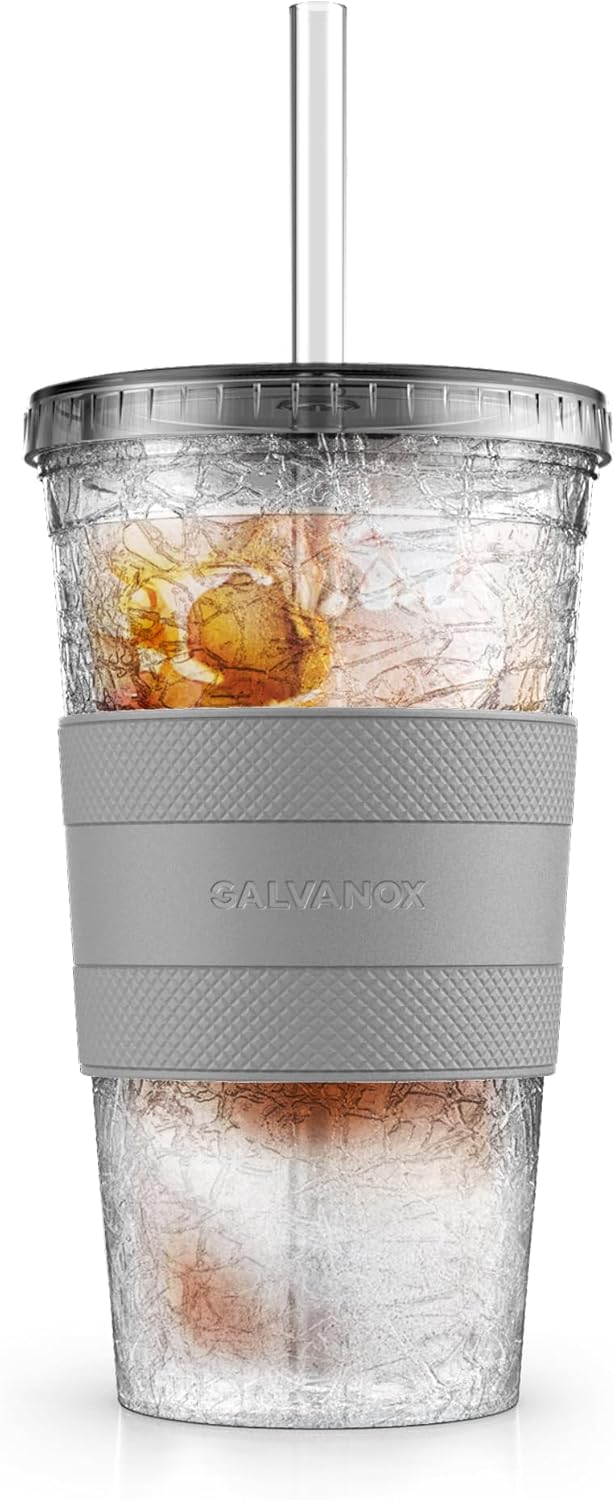 GALVANOX Freezable Iced Coffee Cup with Lid and Straw (16oz) Reusable Insulated Ice Tumbler with Grip Sleeve (Smoke)