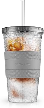 GALVANOX Freezable Iced Coffee Cup with Lid and Straw 16oz Reusable Insulated Ice Tumbler with Grip Sleeve Smoke