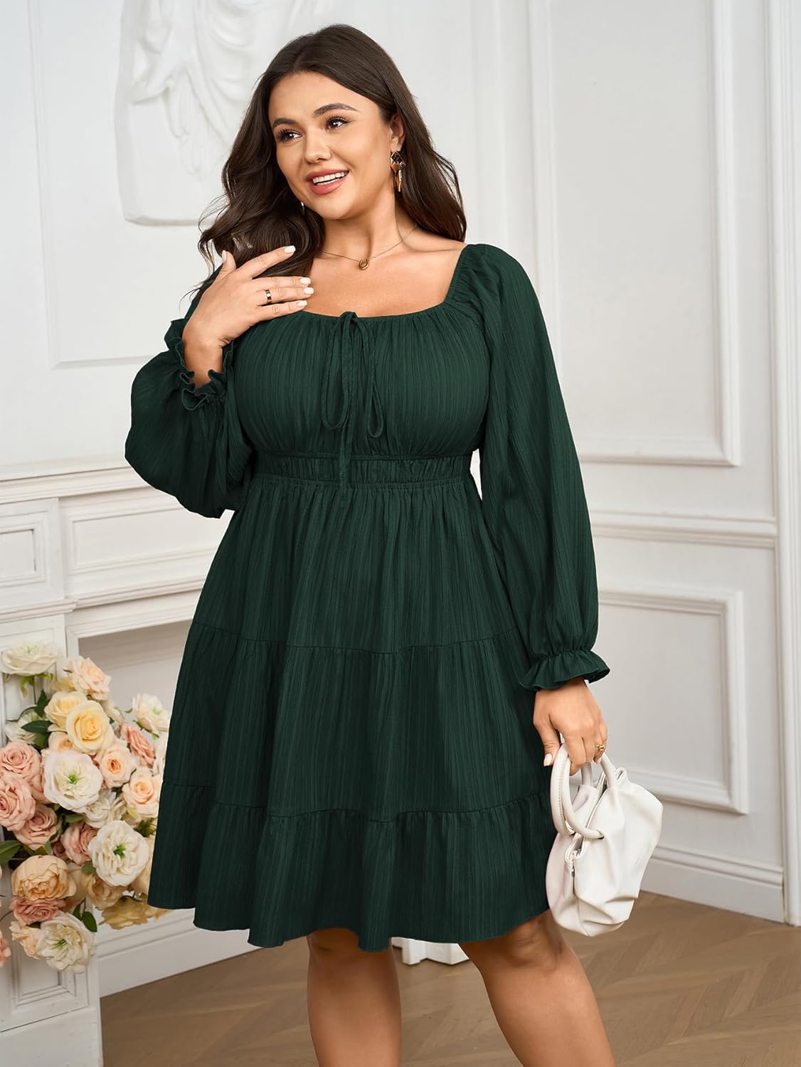 Women's Plus Size Dresses Square Neck Long Sleeve Tie Front Textured A Line Mini Dress - Image 4