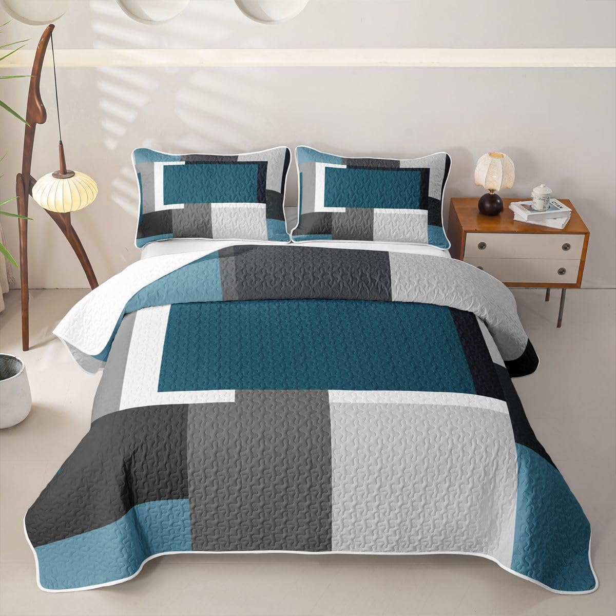 Modern Turquoise Quilt Set Full Black White Grey Geometric Quilted Bedding Patchwork Checkered Grid Bedspread Coverlet For Kids Boys Girls,Modern Abstract Quilt Comforter Lightweight Quilted Blanket