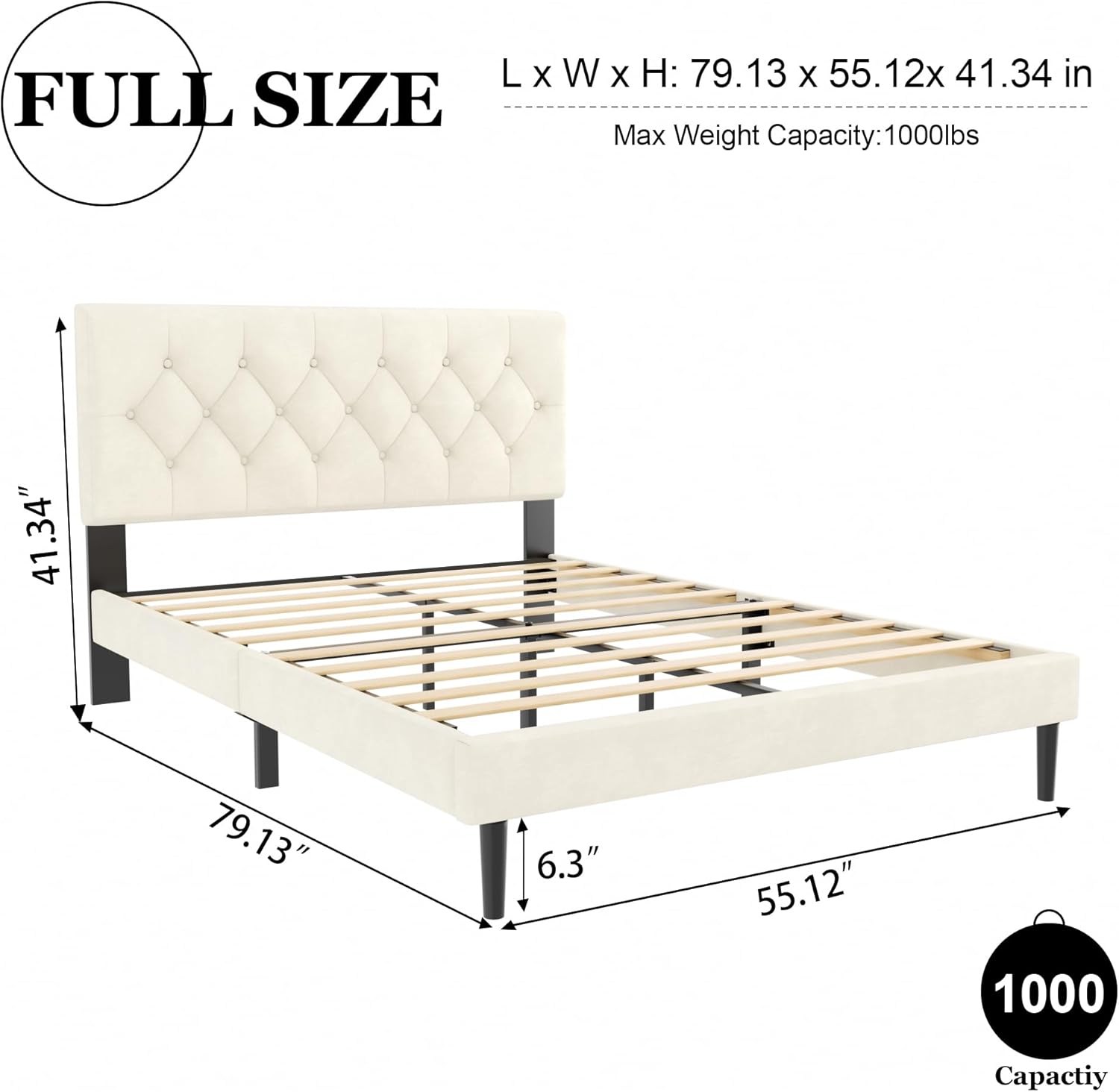 Detailed diagram of the HAOARA Full Size Platform Bed Frame with dimensions and weight capacity.
