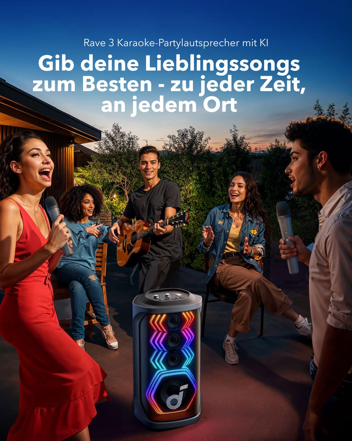soundcore Rave 3 KI Karaoke-Lautsprecher mit 2 kabellosen Mikrofonen,160W Sound,KI-Stimmentfernung,Stimmverstärker,Nachhall-Effekt,12h Spielzeit,portables PA-System mit Bluetooth für Zuhause,PartyBox
