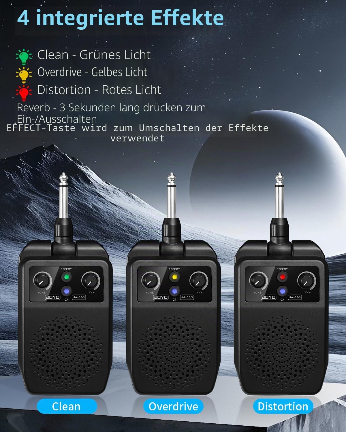 JOYO Mini Gitarrenverstärker 5W tragbar - Wiederaufladbarer Bluetooth-Kombi-Verstärker mit integrierten Effekten (Clean, Overdrive, Distortion, Reverb) Kompakter Übungsverstärker für E-Gitarre Plug in