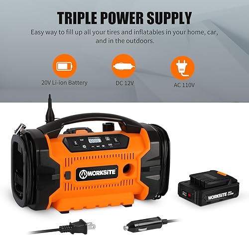 Miniatura 2 de WORKSITE Inflador de neumáticos Compresor de aire portátil, bomba de neumáticos de coche de 160 PSI con 3 fuentes de alimentación (110 V CA, 12 V CC