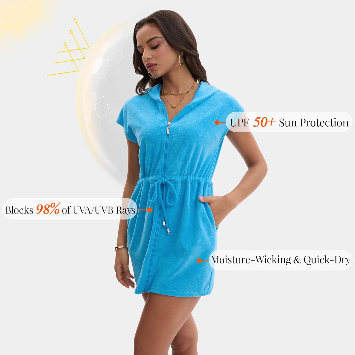 Terry Cloth Swim Cover Up for Women UPF 50+ Hooded Beach Swimsuits Cotton Robes Cover-up with Zipper Pockets