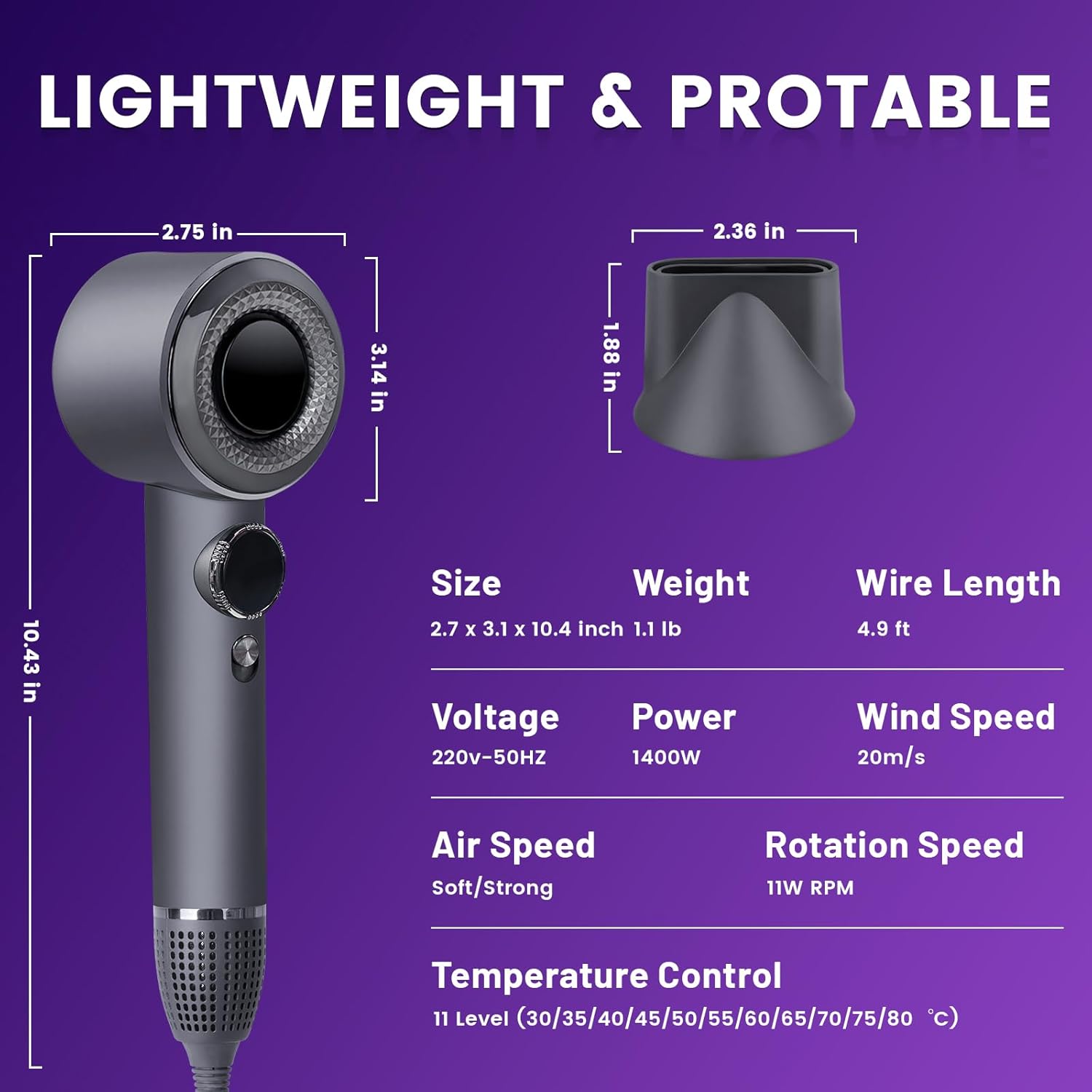 Hair Dryer, 110000 RPM High Speed Professional Hair Dryer, 2 Speeds and 11 Temps with HD Display, Low Noise Portable Hair Blow Dryer with Magnetic Nozzle for Home Travel Salon (Gun Grey)